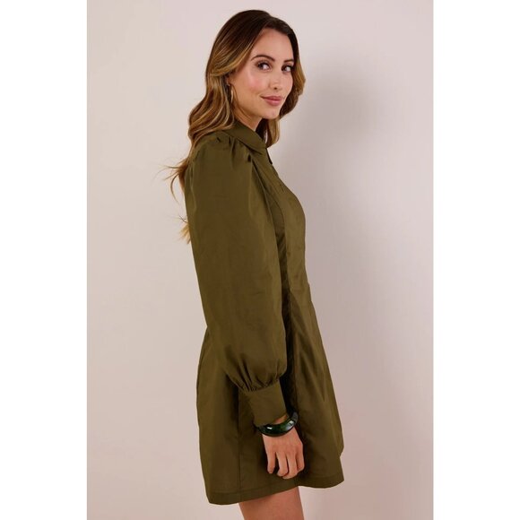 Avara Rhett Dress Mini Zip Up Balloon Sleeve Zip Up Cotton Poplin Olive Green L - Picture 4 of 13